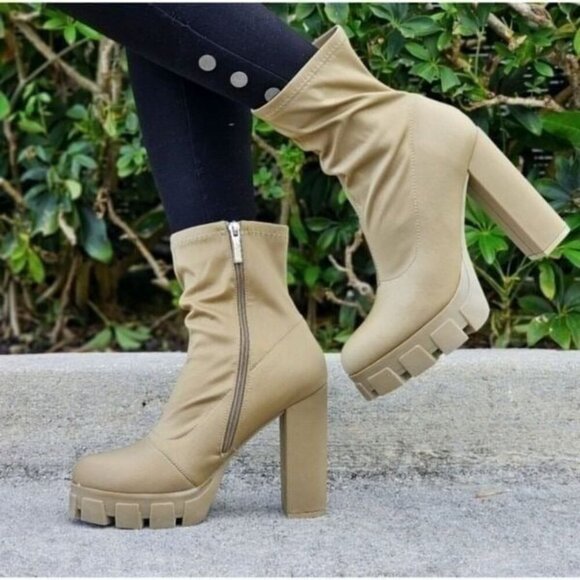 Women's Platform Ankle Chunky Heel Boots Taupe Color - Picture 1 of 5